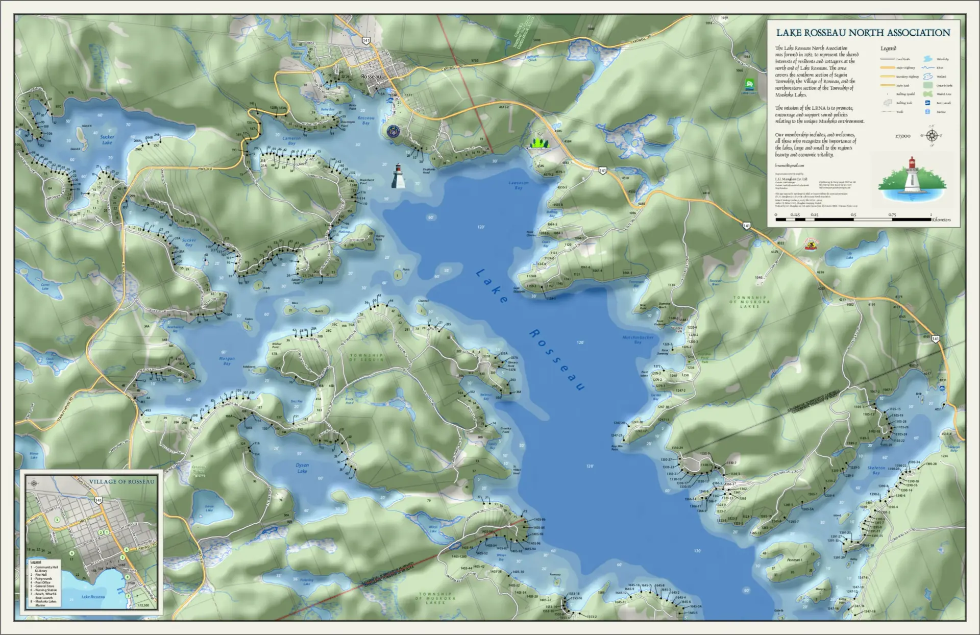 A topographic map of the Lake Rosseau North Association catchment area showing property locations.